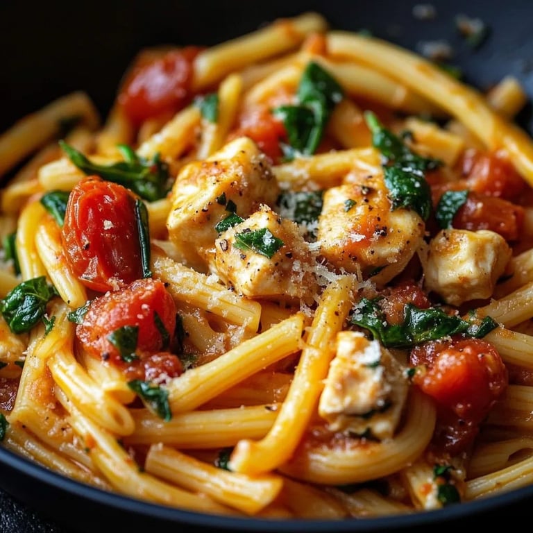Pasta con Pollo Tomate y Espinacas en una Sola Olla: Una Increíble Receta