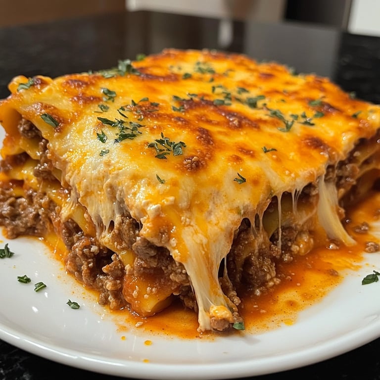 Lasaña casera de carne y queso gratinada