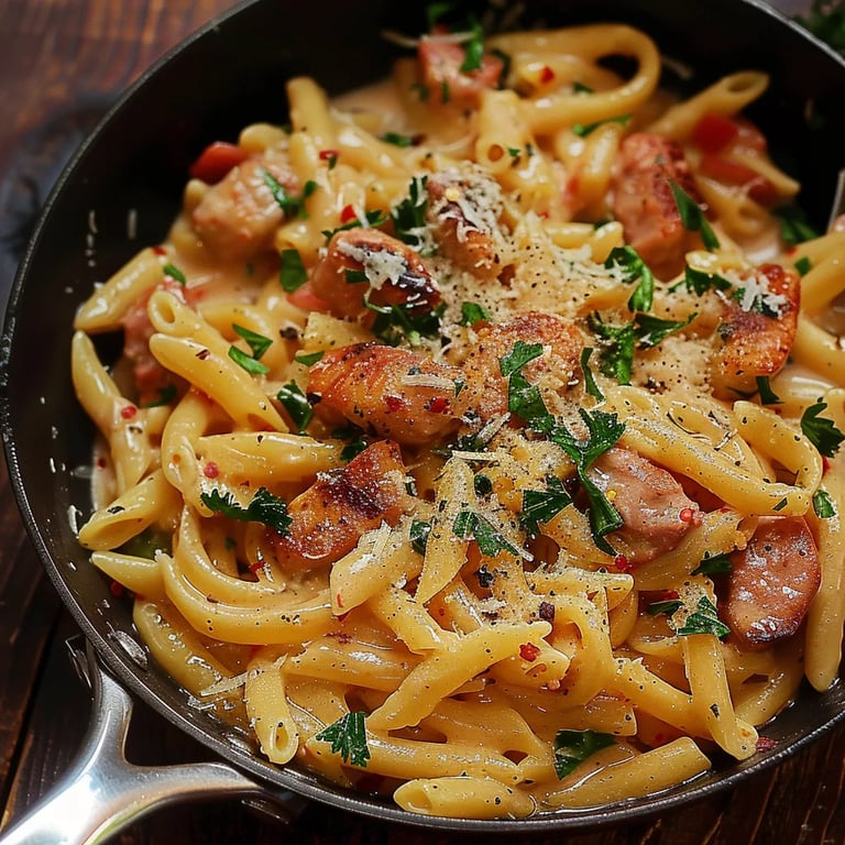 Pasta cremosa con salchicha cajún (en una sola olla)