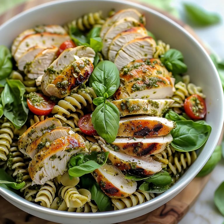 Ensalada de pasta con pollo y pesto