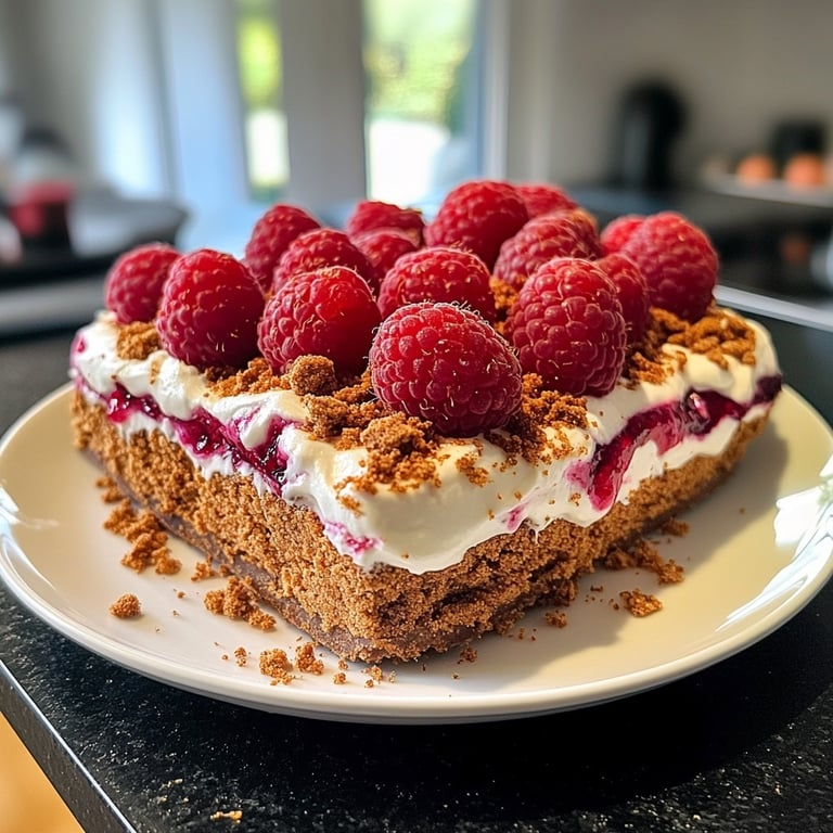 Postre de speculoos con frambuesas
