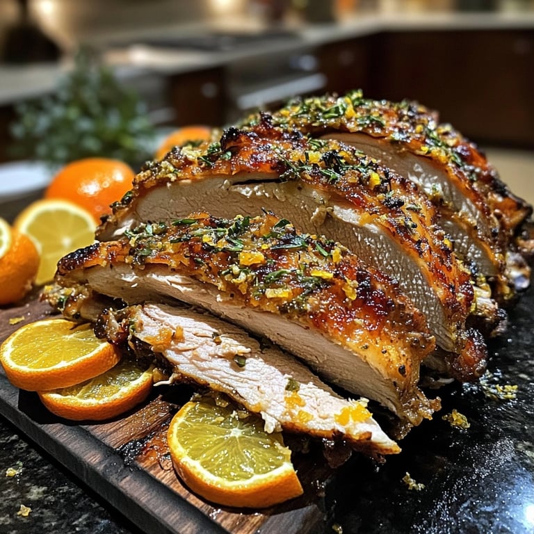 Pollo asado festivo con hierbas y cítricos de temporada